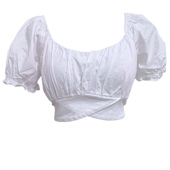 Altar’d State White Crop Peasant Blouse Belted Blouse Puff Sleeve Size Medium - Picture 11 of 11